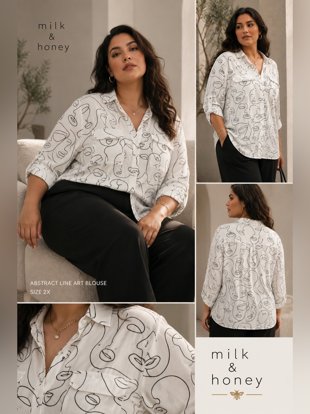 Milk & Honey 2X Blouse Abstract Line Art to Wear Face Button Up White Black B1